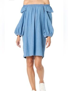 Tommy Hilfiger Blue Off-Shoulder Chambray Dress Size M Long Sleeve Mini Dress